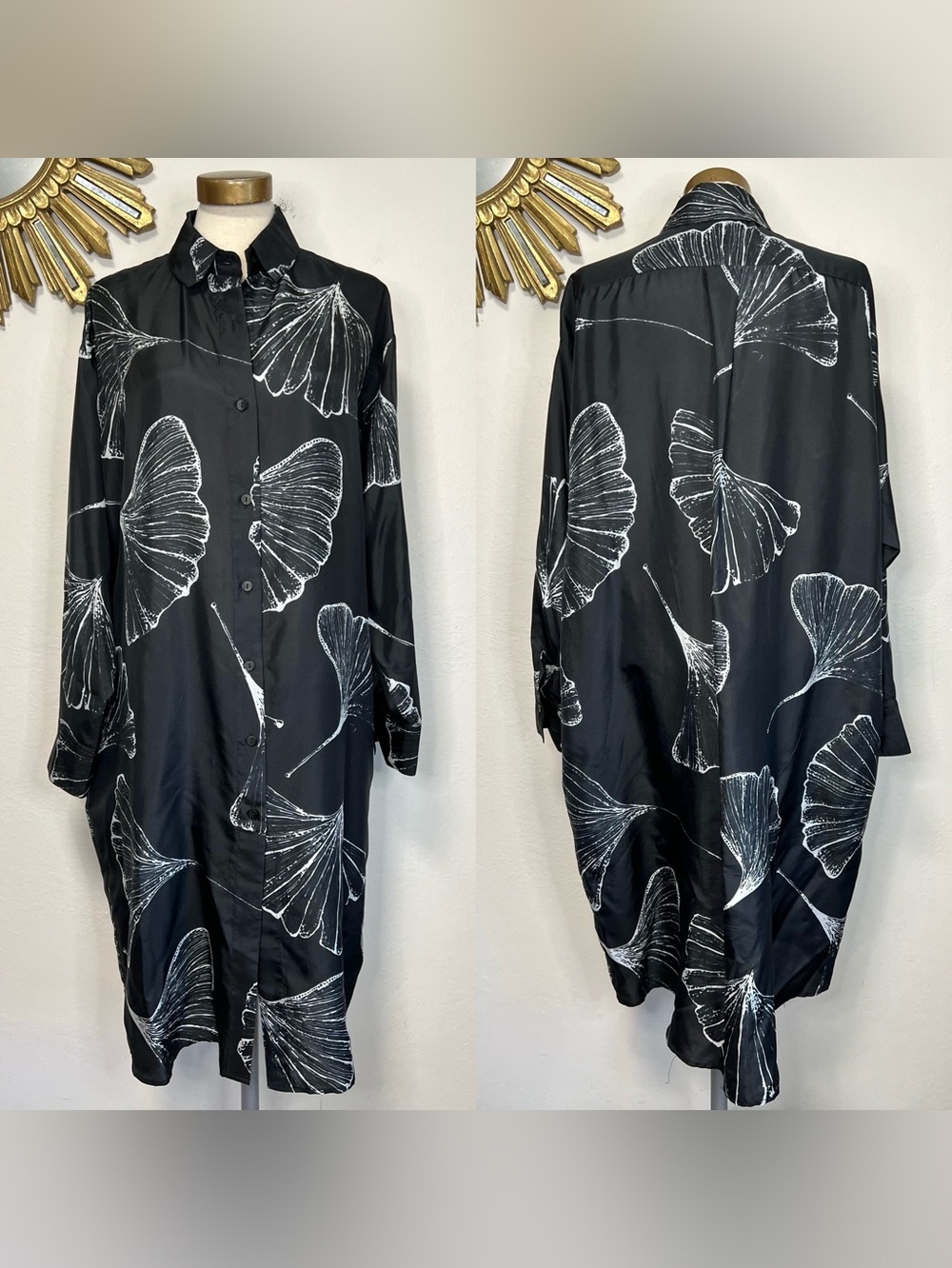 Jarbo Silk Black and White Button-Down Ginkgo Leaf Print Shirt Dress